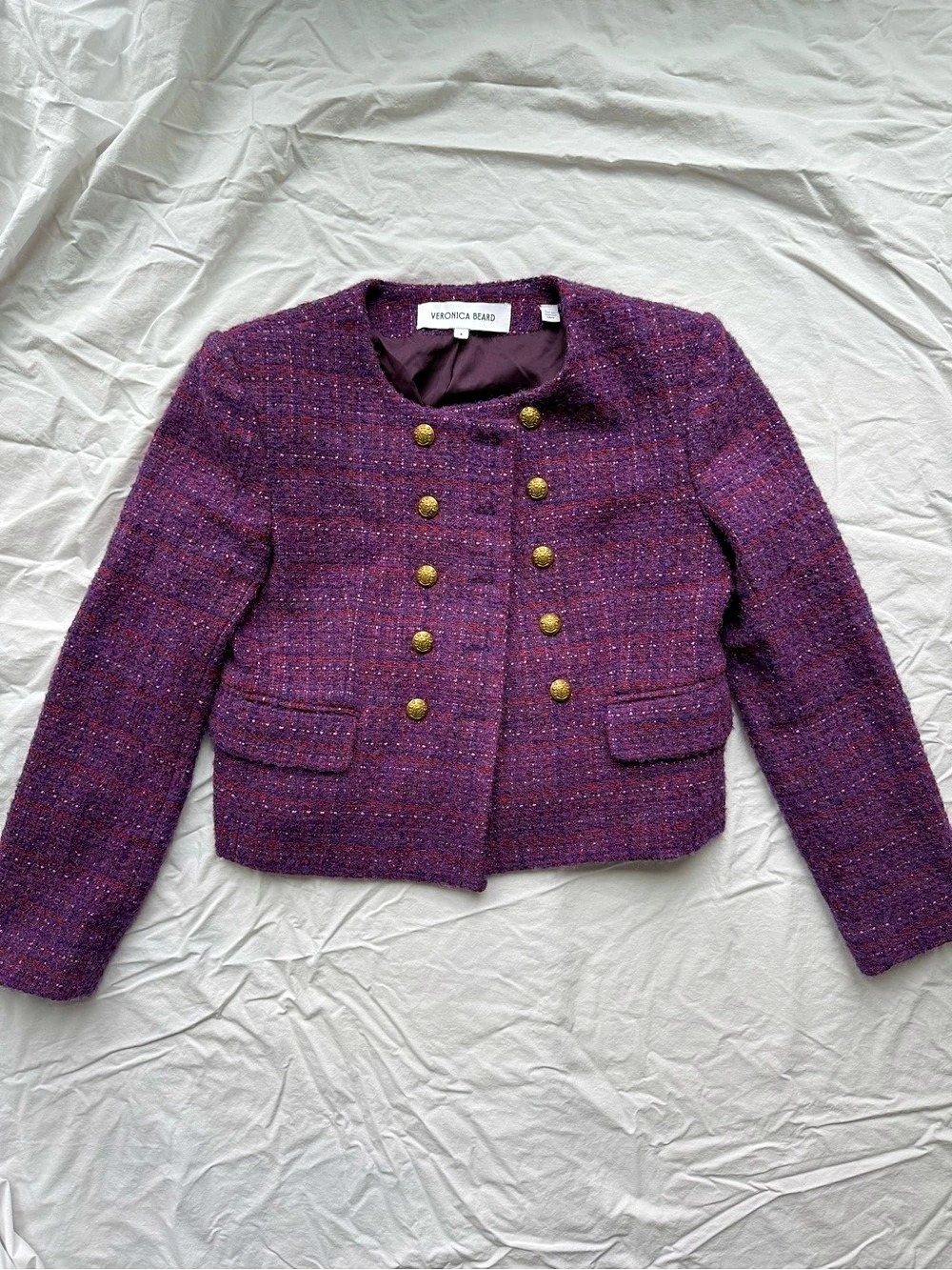 Veronica Beard Bentley Tweed Jacket Aubergine Gold Buttons Sz 8